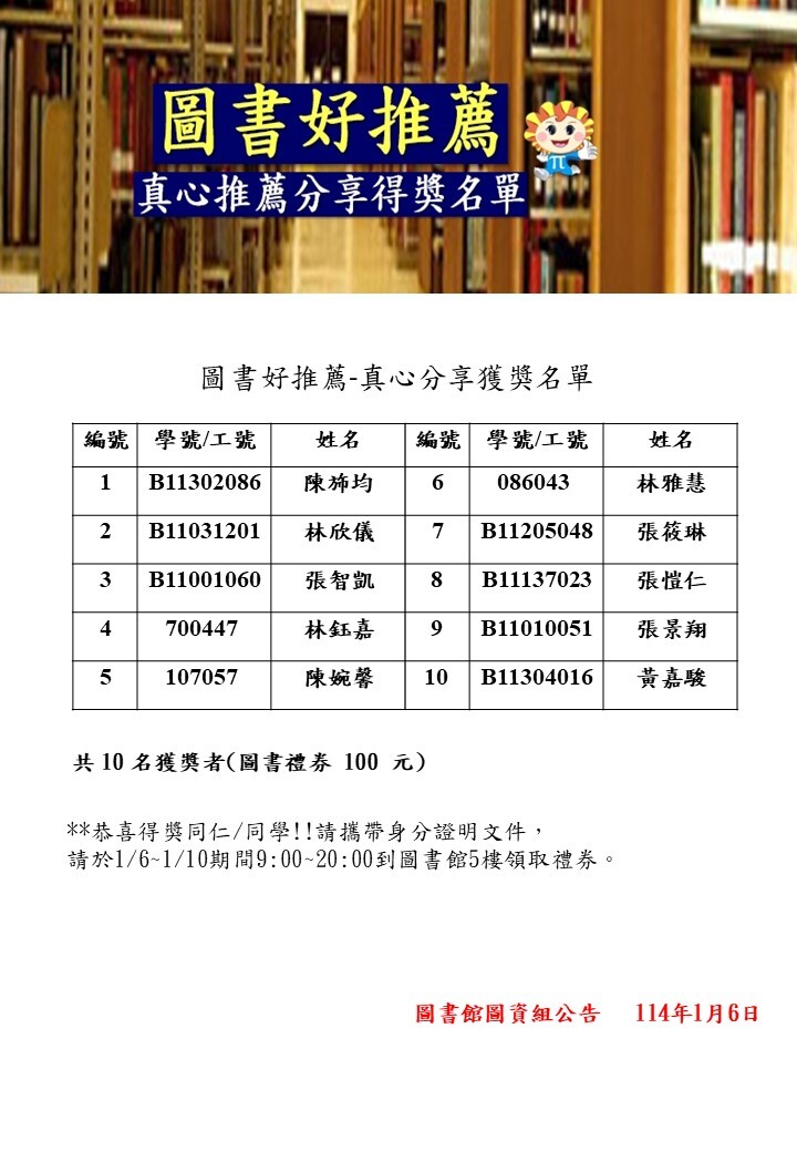 【圖書館公告】圖書好推薦-真心分享得獎名單(1/6-1/10)