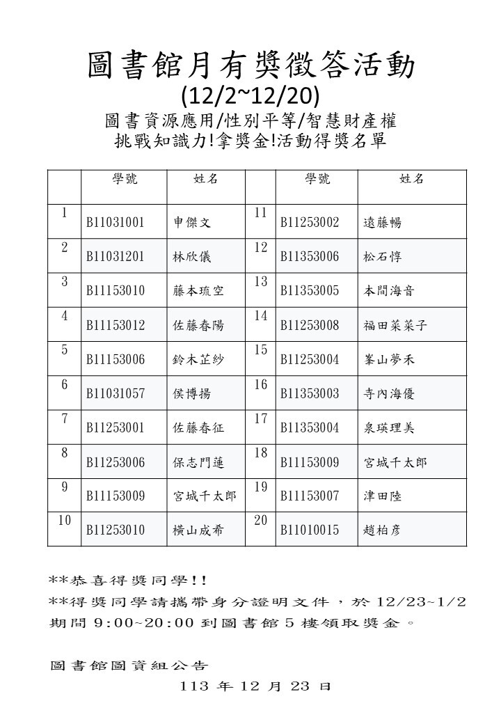【圖書館公告】2024圖書館月活動- 圖書資源運用、性別平等、智產權得獎名單(12/23~1/2)