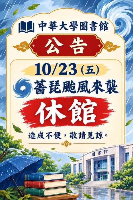 圖書館公告-颱風來襲圖書館(含自習室)閉館通知圖片