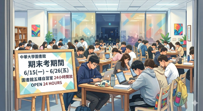 【圖書館公告】圖書館五樓自習室期末考期間6/15(一)~6/26(五)開放24小時，歡迎踴躍使用，祝考試順利 !圖片